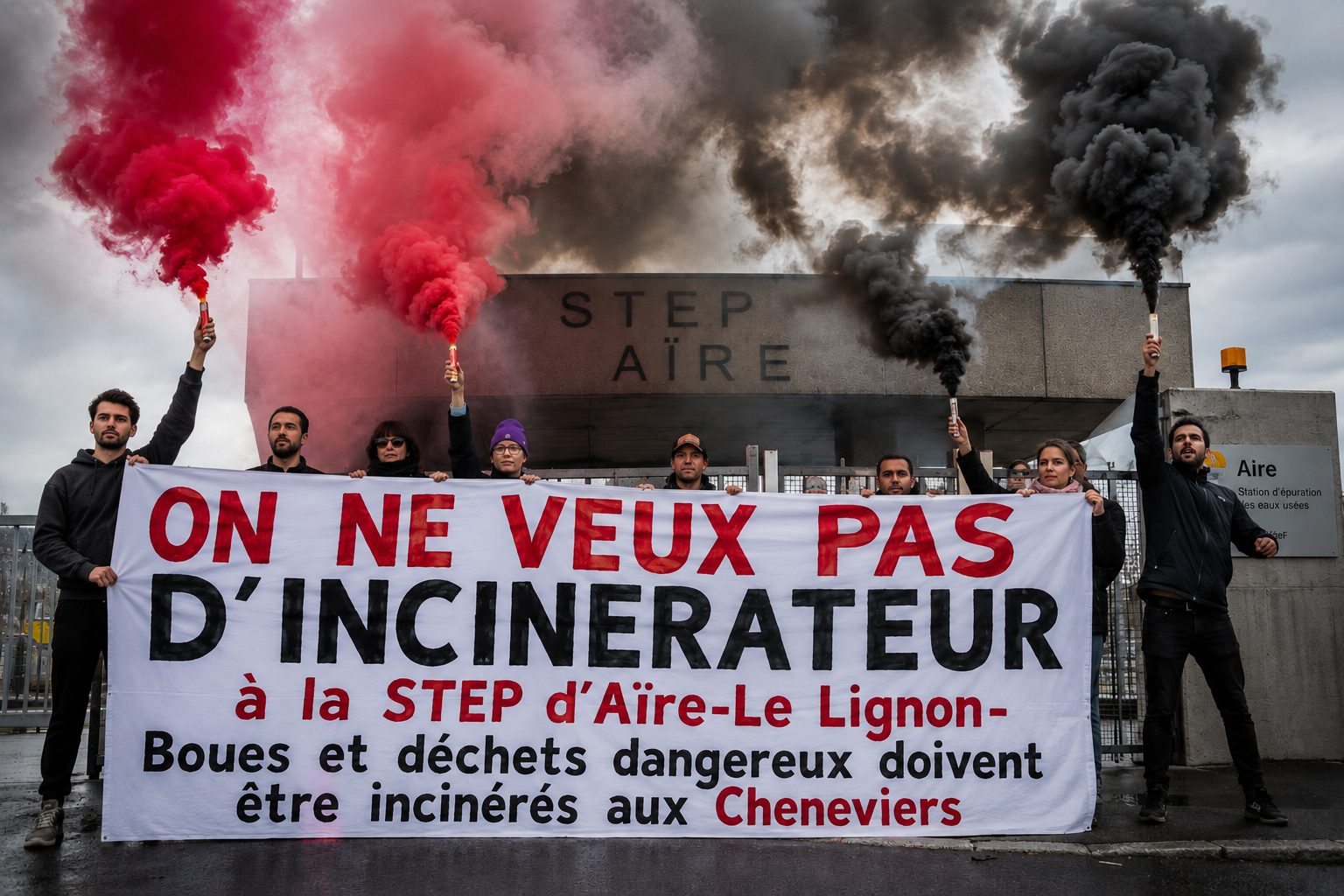 Action de riverains devant l’entrée de la STEP d’Aïre, banderole « On ne veut pas d’incinérateur »