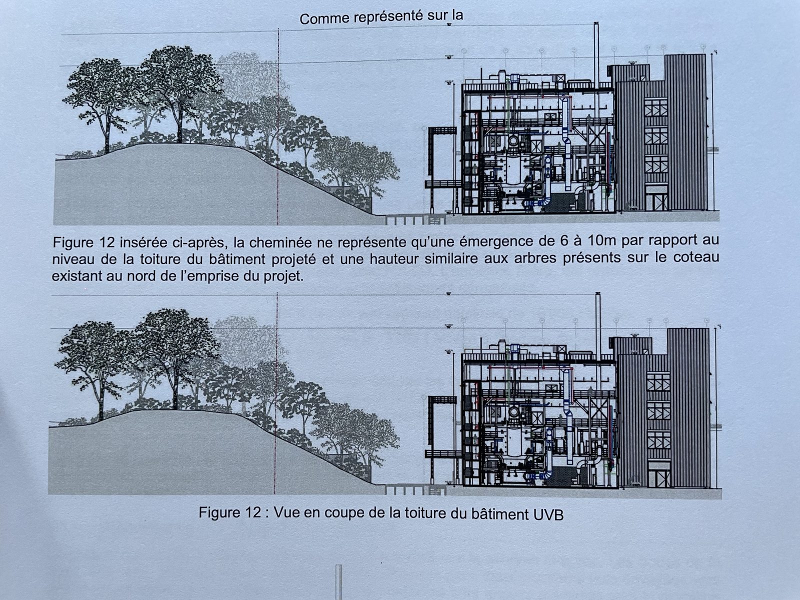Extrait du dossier SIG : figure 12, vue en coupe du bâtiment UVB et de sa cheminée