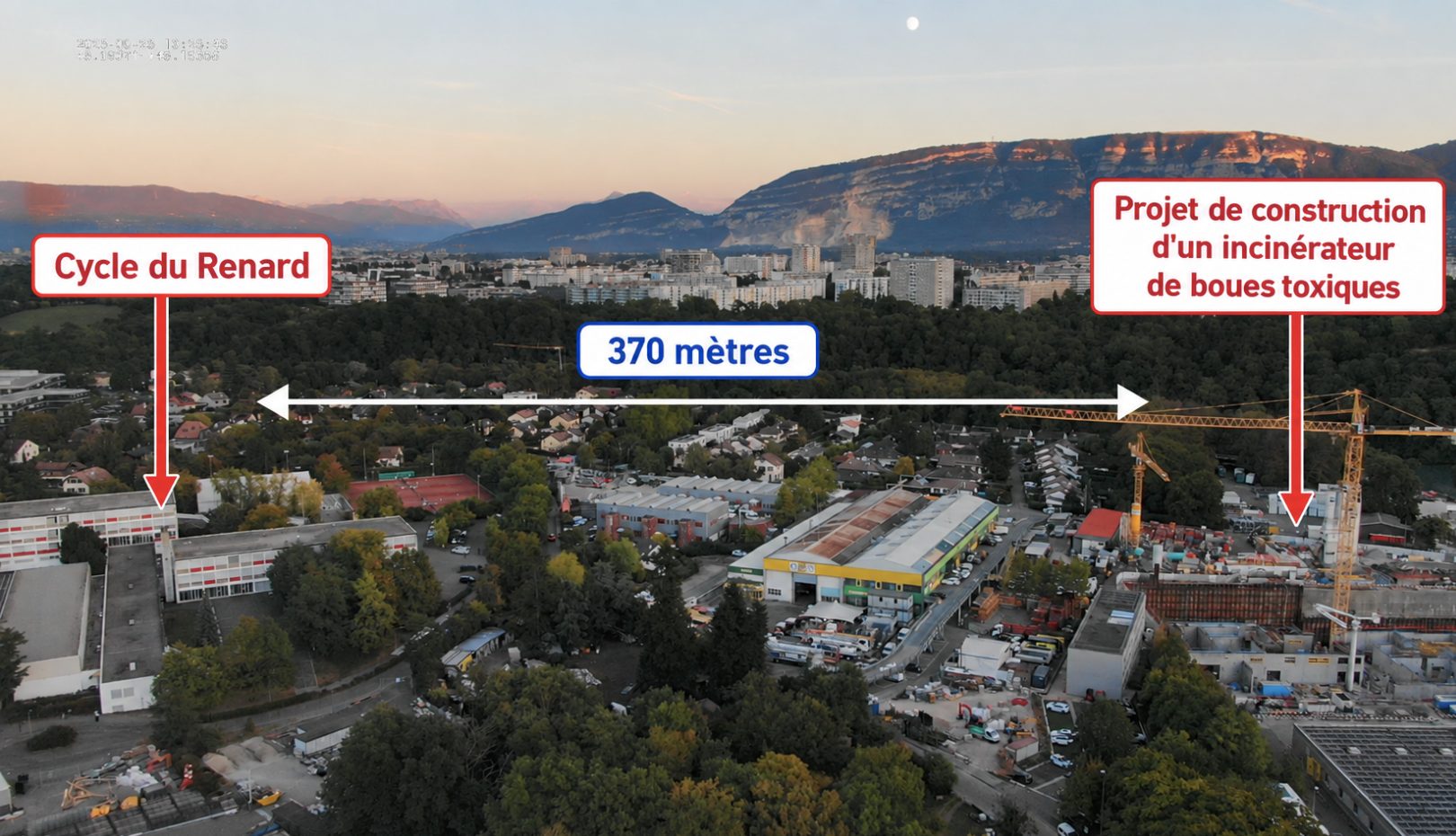 Vue aérienne : 370 mètres entre le Cycle du Renard et le chantier de l'incinérateur